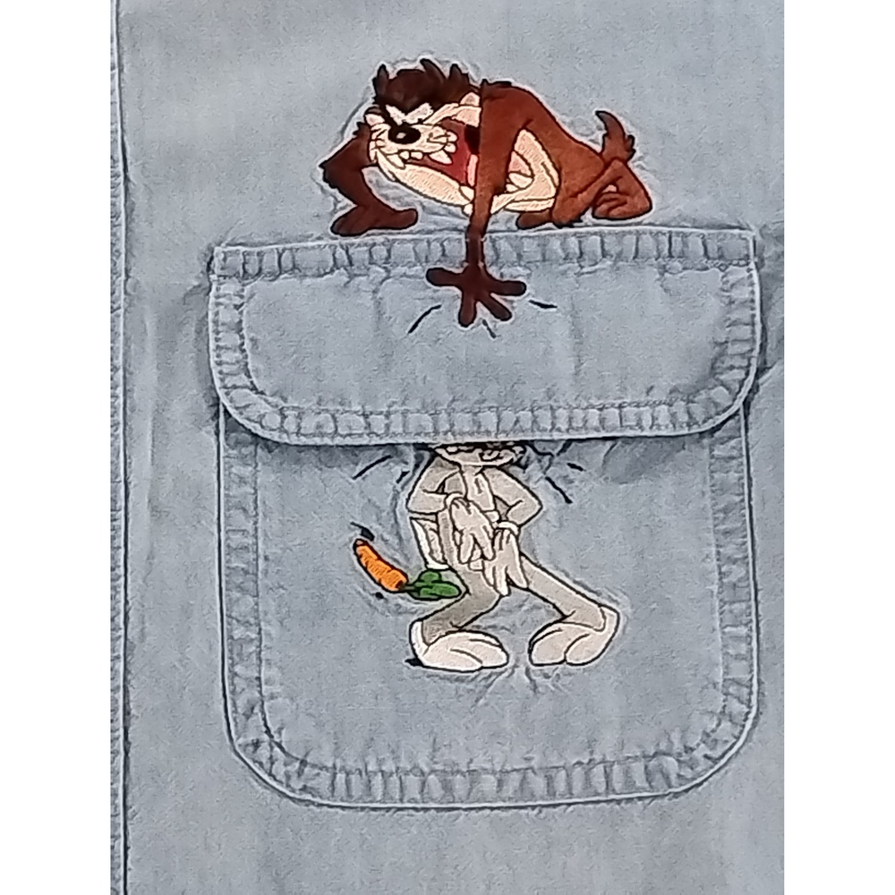 Warner Bros Looney Tunes Denim Shirt XS Bugs Taz Embroidered 90s Streetwear Y2K - Picture 3 of 7